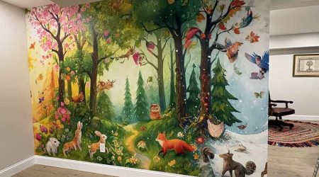 A brightly painted mural of a whimsical forest, created by expert painting services, features colorful trees, flowers, and woodland animals on a wall in a room with wooden floors and minimal furniture.